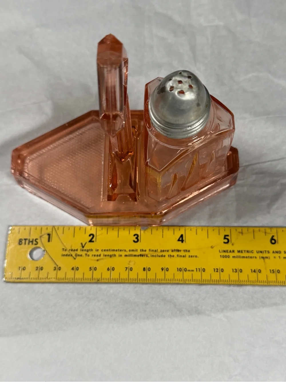 Vintage Pink Depression Glass Condiment Caddy Stand & Single Shaker Art Deco